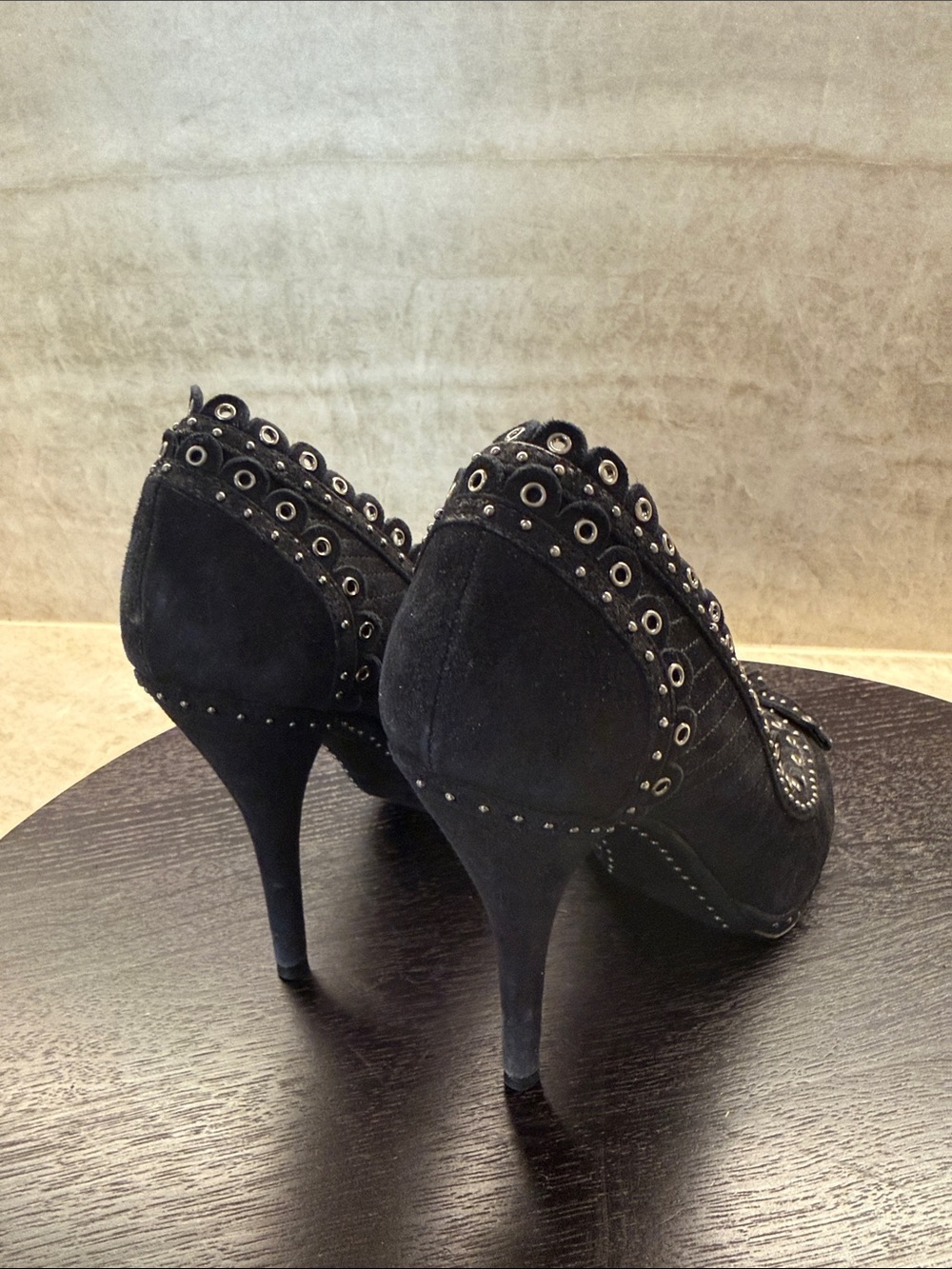 Vintage Christian Dior Black Suede Studded Muse Peep-Toe Heels with Bow - Picture 3 of 5